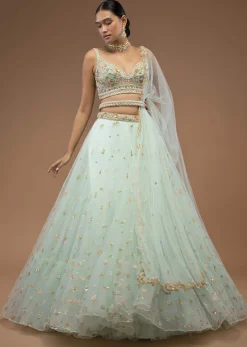 Mint Lehenga And A Crop Top Set Crafted In Net With Sequins And Resham Work