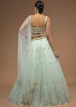 Mint Lehenga And A Crop Top Set Crafted In Net With Sequins And Resham Work
