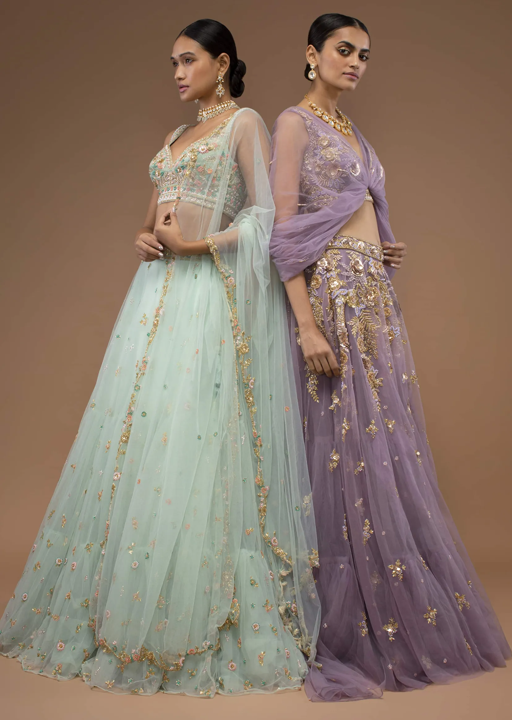 Mint Lehenga And A Crop Top Set Crafted In Net With Sequins And Resham Work