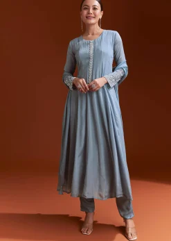 Misty Blue Chinon Anarkali Suit With Moti And Stone Work