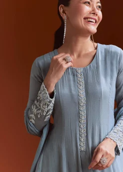 Misty Blue Chinon Anarkali Suit With Moti And Stone Work