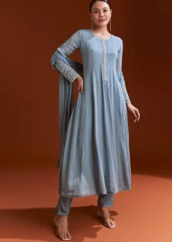 Misty Blue Chinon Anarkali Suit With Moti And Stone Work