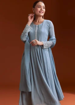Misty Blue Chinon Anarkali Suit With Moti And Stone Work