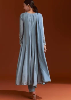 Misty Blue Chinon Anarkali Suit With Moti And Stone Work