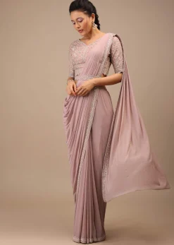 Misty Rose Pre Drape Saree In Lycra Blend Detailed With Embroidery Work On Pallu Border And Moroccan Jaal