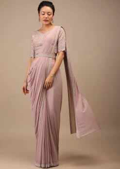 Misty Rose Pre Drape Saree In Lycra Blend Detailed With Embroidery Work On Pallu Border And Moroccan Jaal