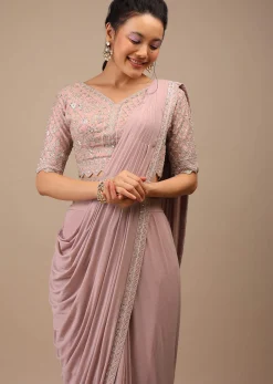 Misty Rose Pre Drape Saree In Lycra Blend Detailed With Embroidery Work On Pallu Border And Moroccan Jaal