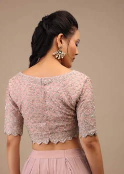 Misty Rose Pre Drape Saree In Lycra Blend Detailed With Embroidery Work On Pallu Border And Moroccan Jaal