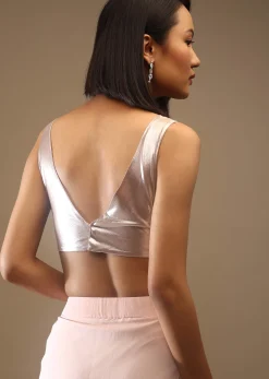 Misty Rose Satin Ruched Sleeveless Blouse With Plunging Neckline