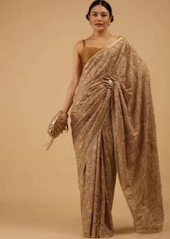 Mocha Brown Festive Toasted Almond Beige Saree Kashmiri Embroidered In Georgette