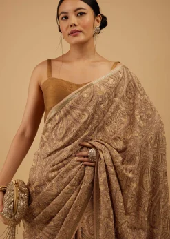 Mocha Brown Festive Toasted Almond Beige Saree Kashmiri Embroidered In Georgette