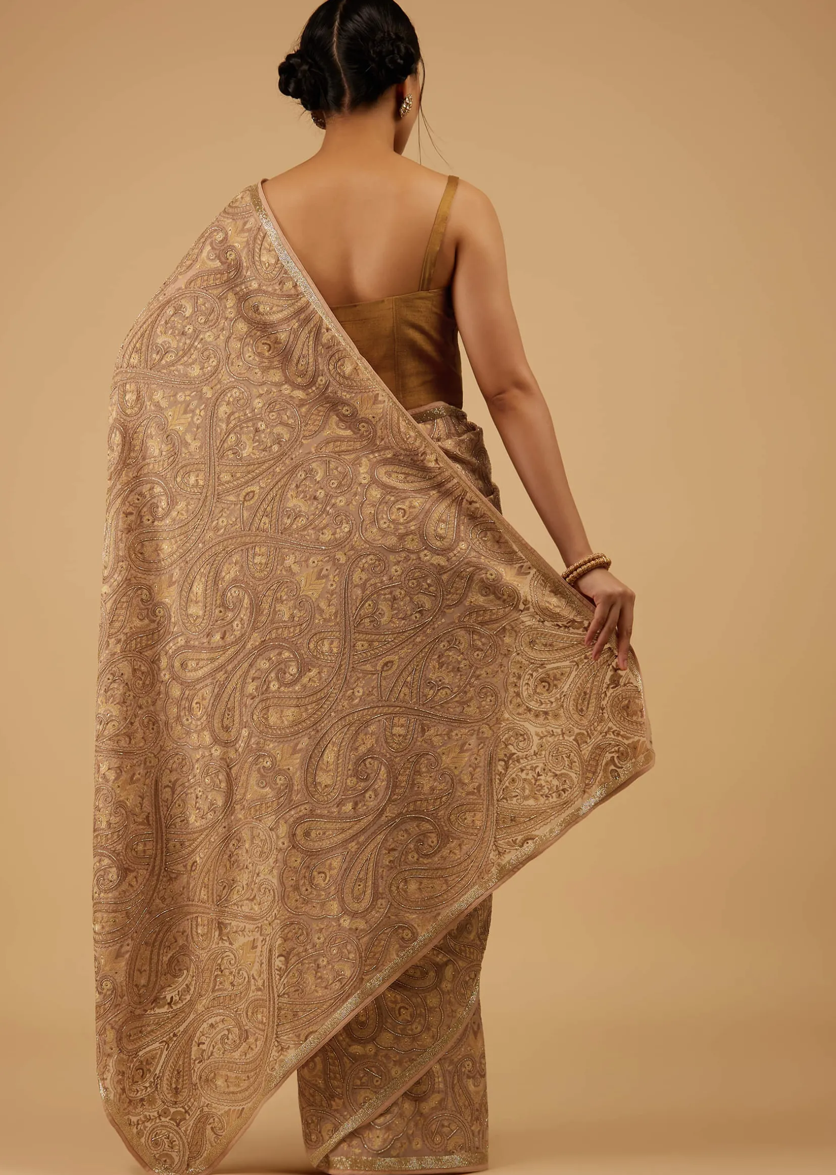 Mocha Brown Festive Toasted Almond Beige Saree Kashmiri Embroidered In Georgette