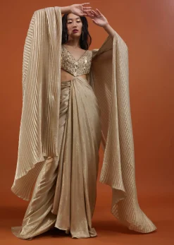 Mocha Brown Gown With A Pre-Pleated Dhoti Skirt Area And Royal Cape Sleeves- NOOR 2022