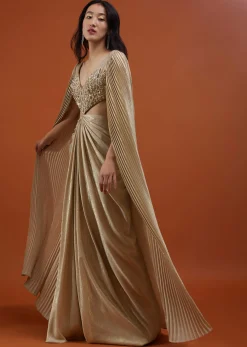 Mocha Brown Gown With A Pre-Pleated Dhoti Skirt Area And Royal Cape Sleeves- NOOR 2022