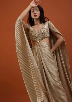 Mocha Brown Gown With A Pre-Pleated Dhoti Skirt Area And Royal Cape Sleeves- NOOR 2022