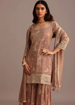 Mocha Mousse Sequins Kurti Sharara Set With Chanderi Banarasi Dupatta