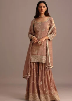 Mocha Mousse Sequins Kurti Sharara Set With Chanderi Banarasi Dupatta