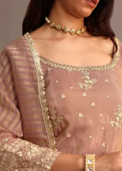 Mocha Mousse Sequins Kurti Sharara Set With Chanderi Banarasi Dupatta