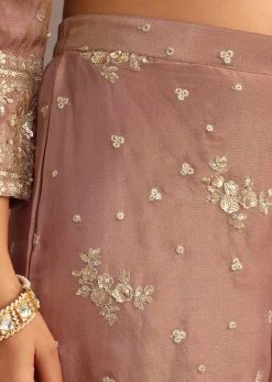 Mocha Mousse Sequins Kurti Sharara Set With Chanderi Banarasi Dupatta