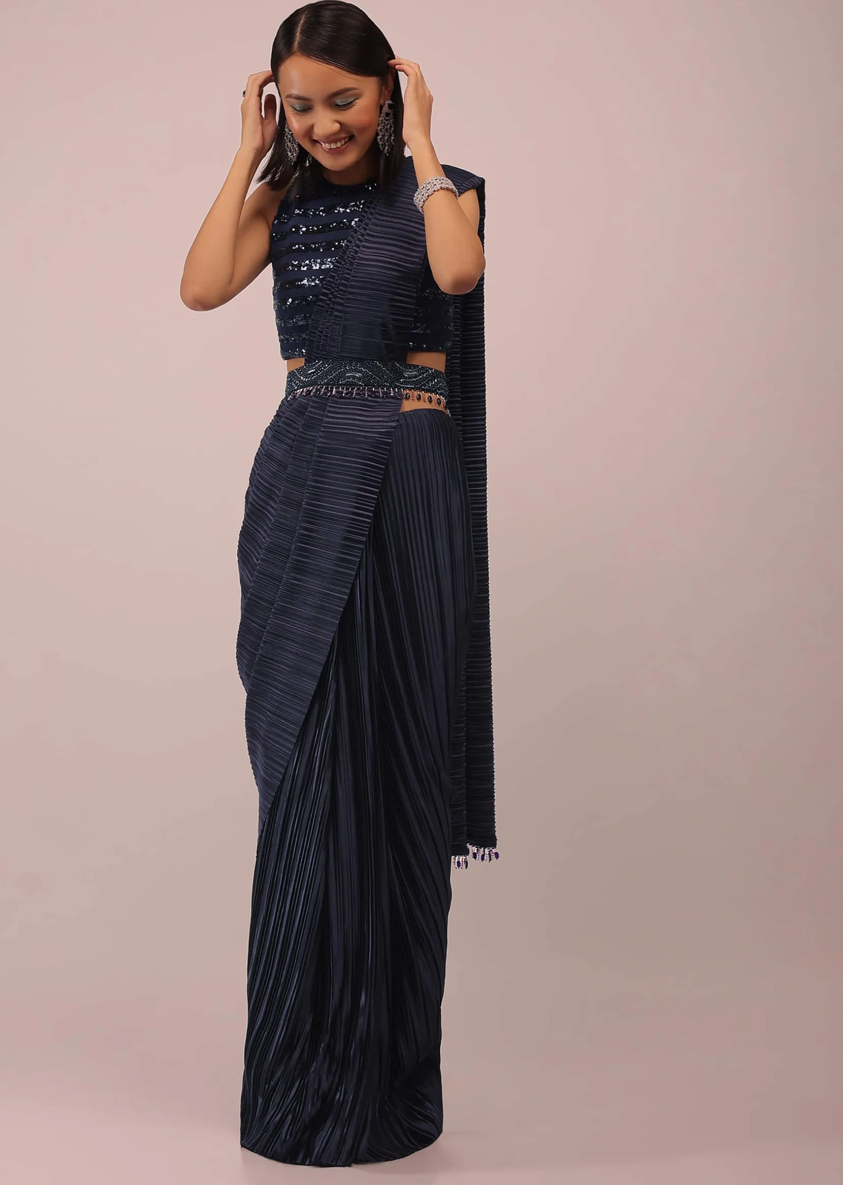 Mood Indigo Blue Saree With A Crop Top In Sequins Embroidery Paired With A Belt In Stones And Cut Dana Embroidery