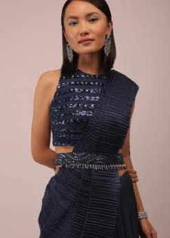 Mood Indigo Blue Saree With A Crop Top In Sequins Embroidery Paired With A Belt In Stones And Cut Dana Embroidery