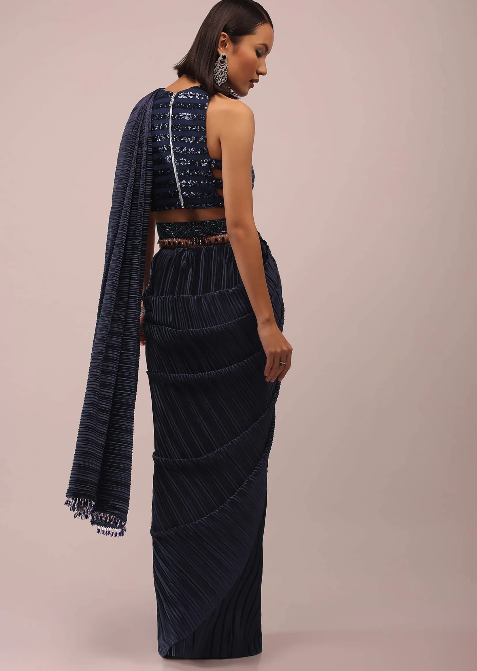 Mood Indigo Blue Saree With A Crop Top In Sequins Embroidery Paired With A Belt In Stones And Cut Dana Embroidery