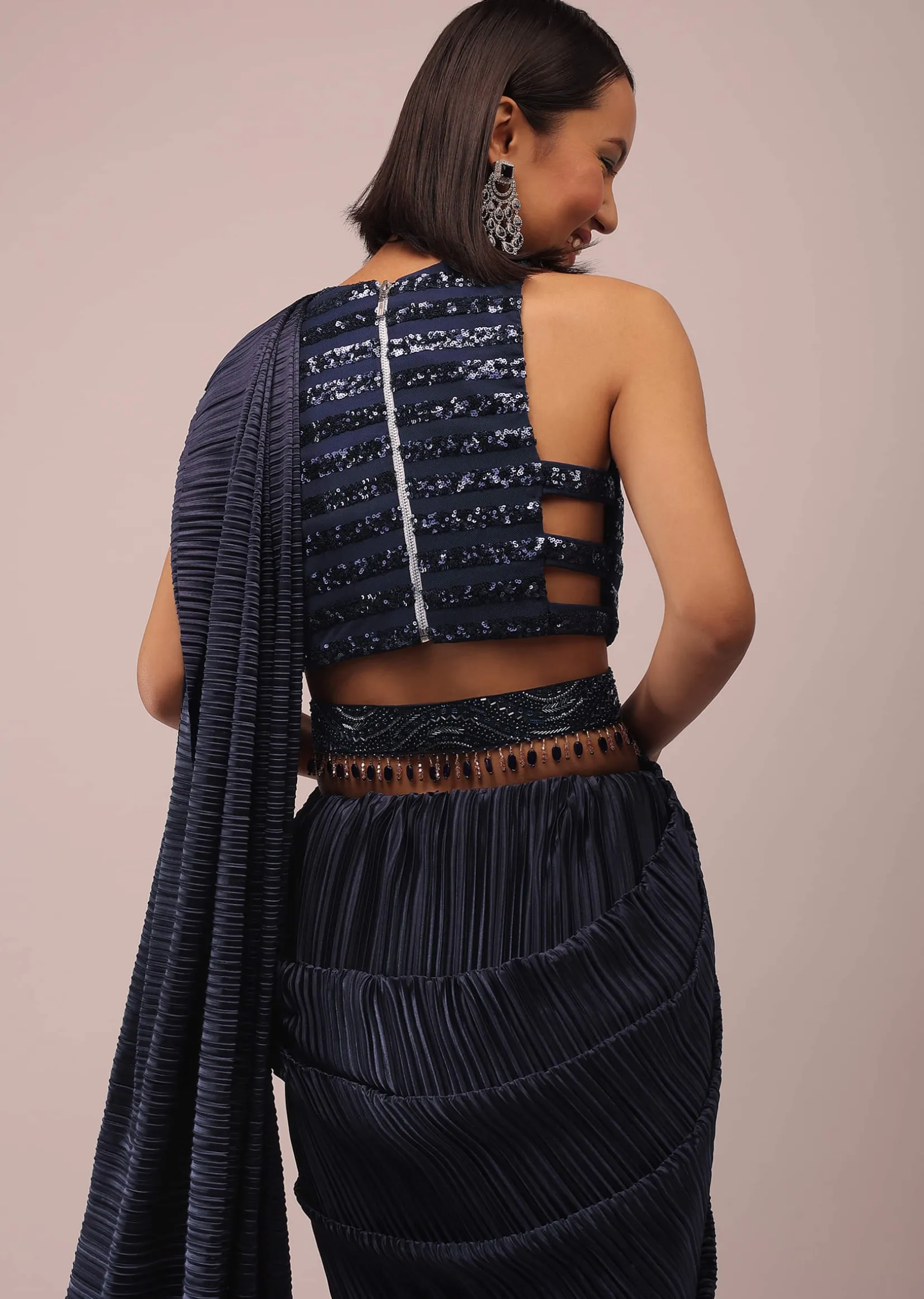 Mood Indigo Blue Saree With A Crop Top In Sequins Embroidery Paired With A Belt In Stones And Cut Dana Embroidery