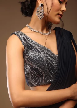 Mood Indigo Pre Drape Saree With A Crop Top In Sequins Embroidery Corset Neckline With A Tie-Up Tassel Dori At The Back
