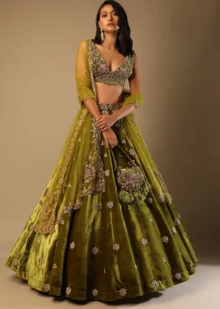 Moss Green Lehenga Choli With Multi Colored Hand Embroidered Floral Buttis