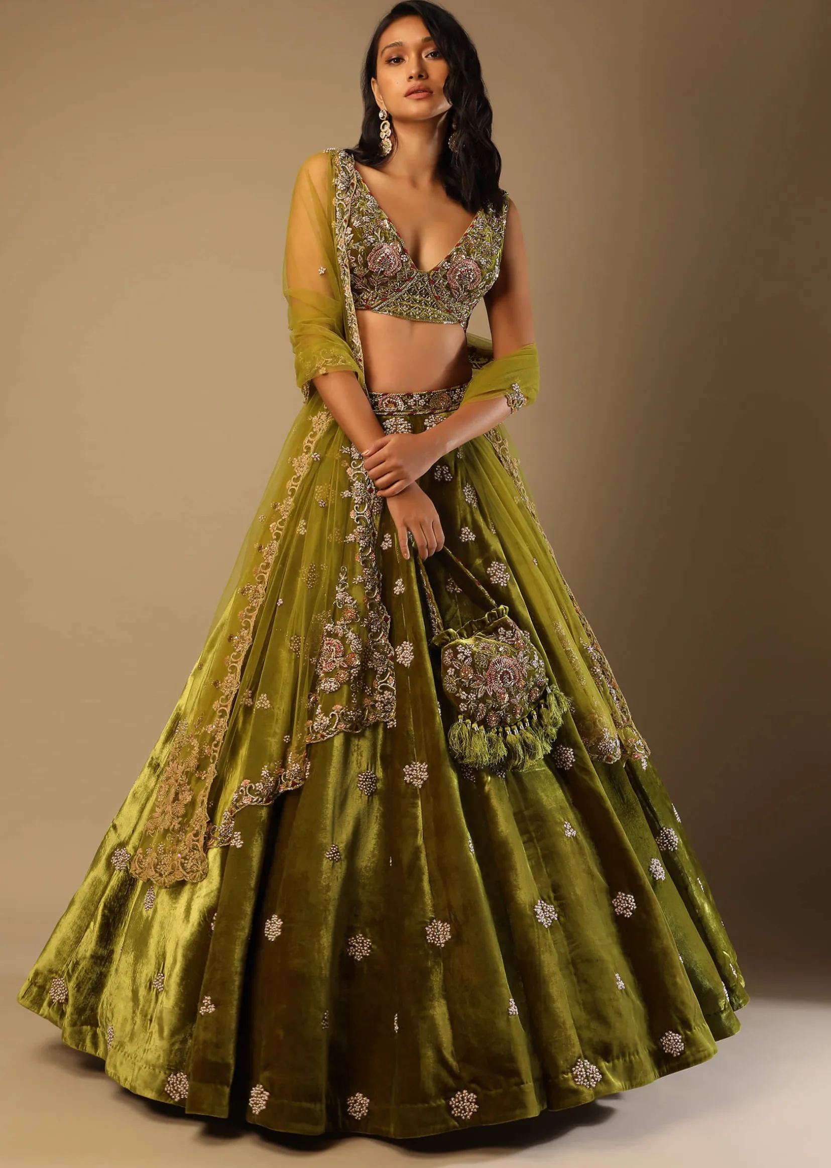 Moss Green Lehenga Choli With Multi Colored Hand Embroidered Floral Buttis