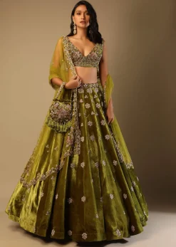 Moss Green Lehenga Choli With Multi Colored Hand Embroidered Floral Buttis