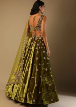 Moss Green Lehenga Choli With Multi Colored Hand Embroidered Floral Buttis