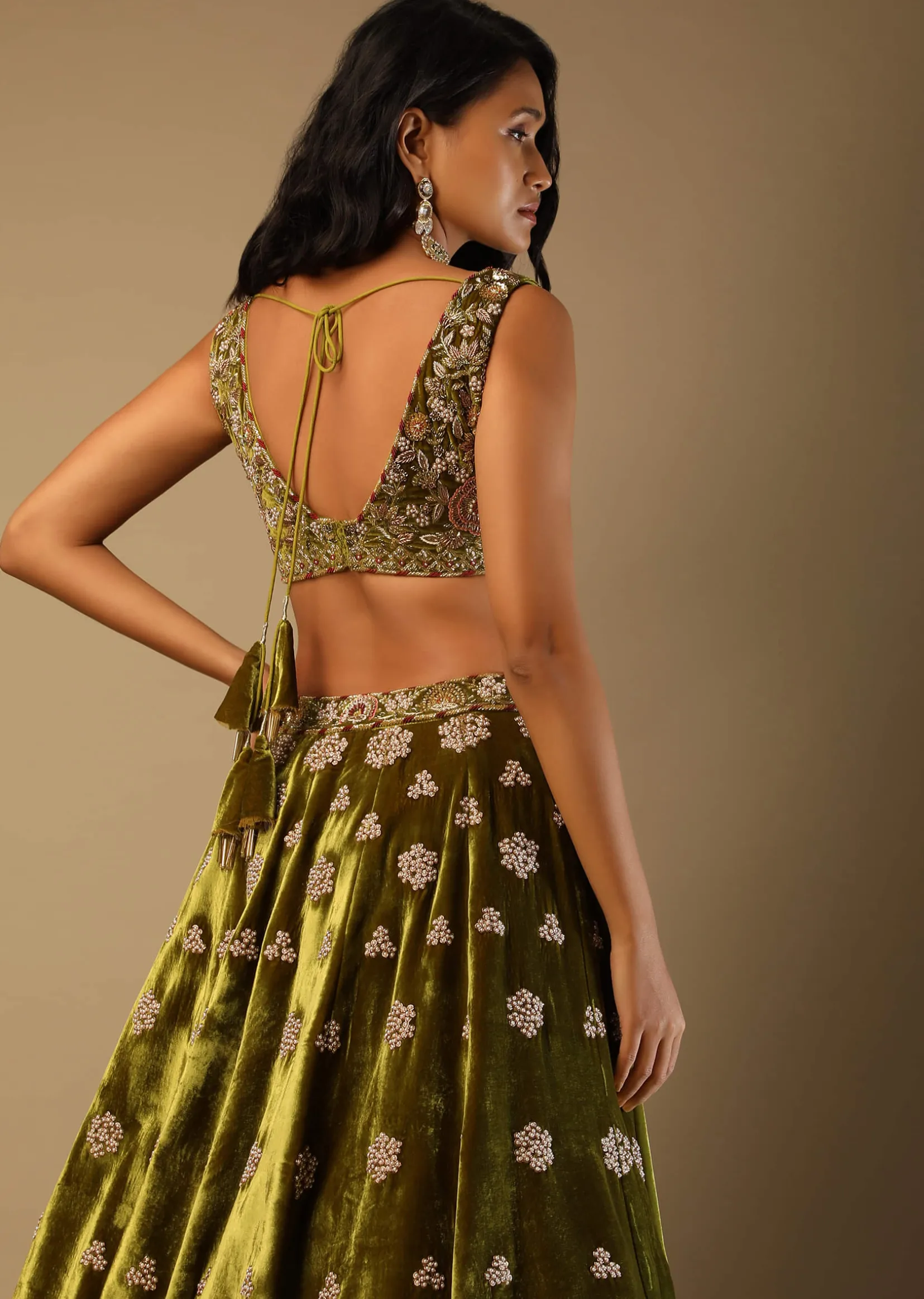 Moss Green Lehenga Choli With Multi Colored Hand Embroidered Floral Buttis