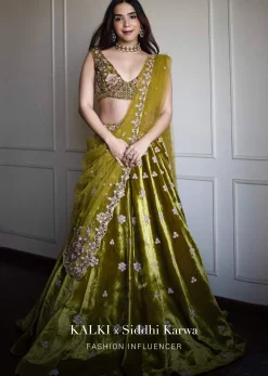 Moss Green Lehenga Choli With Multi Colored Hand Embroidered Floral Buttis