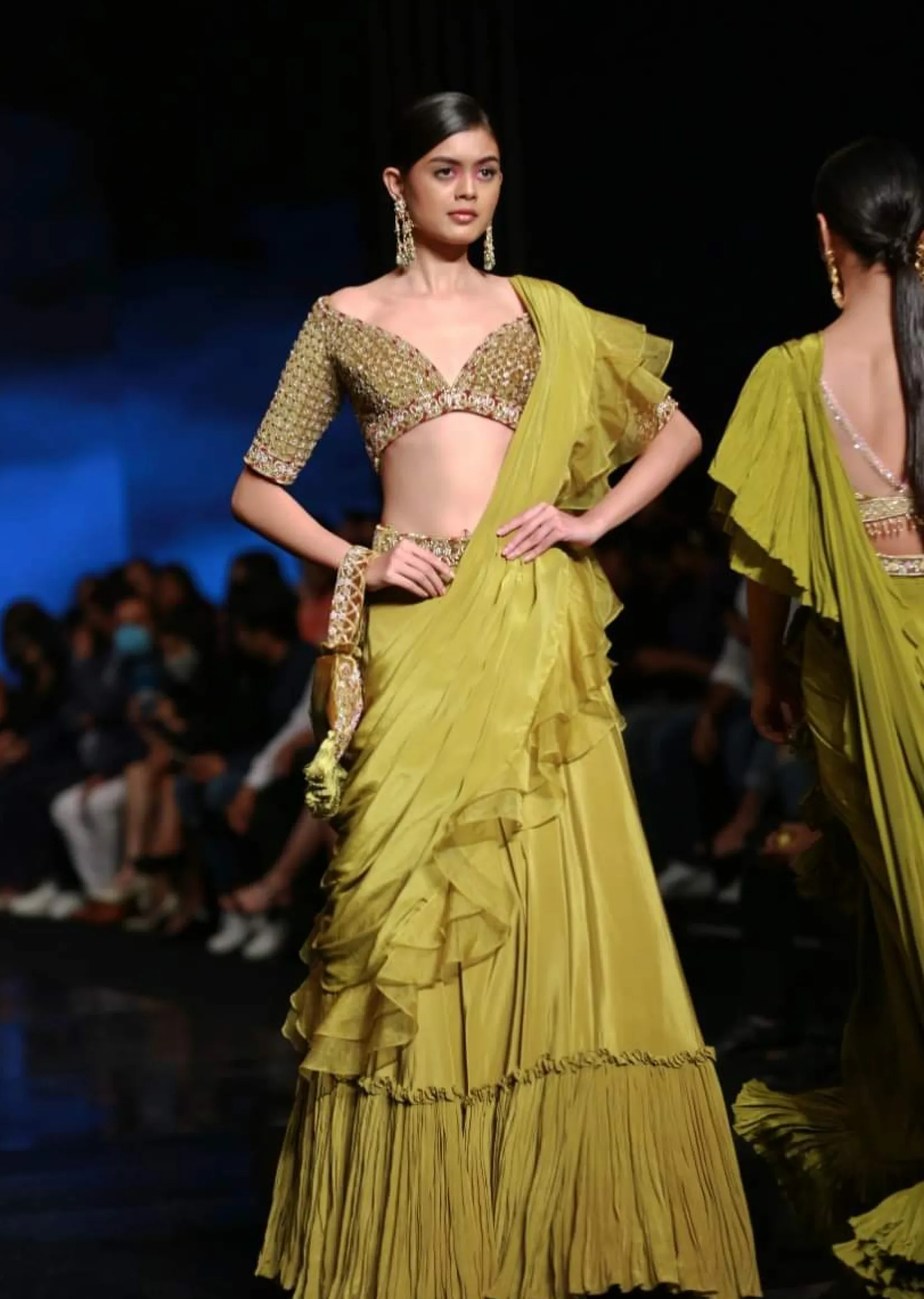 Moss Green Lehenga Saree In Crepe With Frill Drape And Hand Embroidered Choli Using Cut Dana Jaal