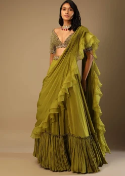 Moss Green Lehenga Saree In Crepe With Frill Drape And Hand Embroidered Choli Using Cut Dana Jaal