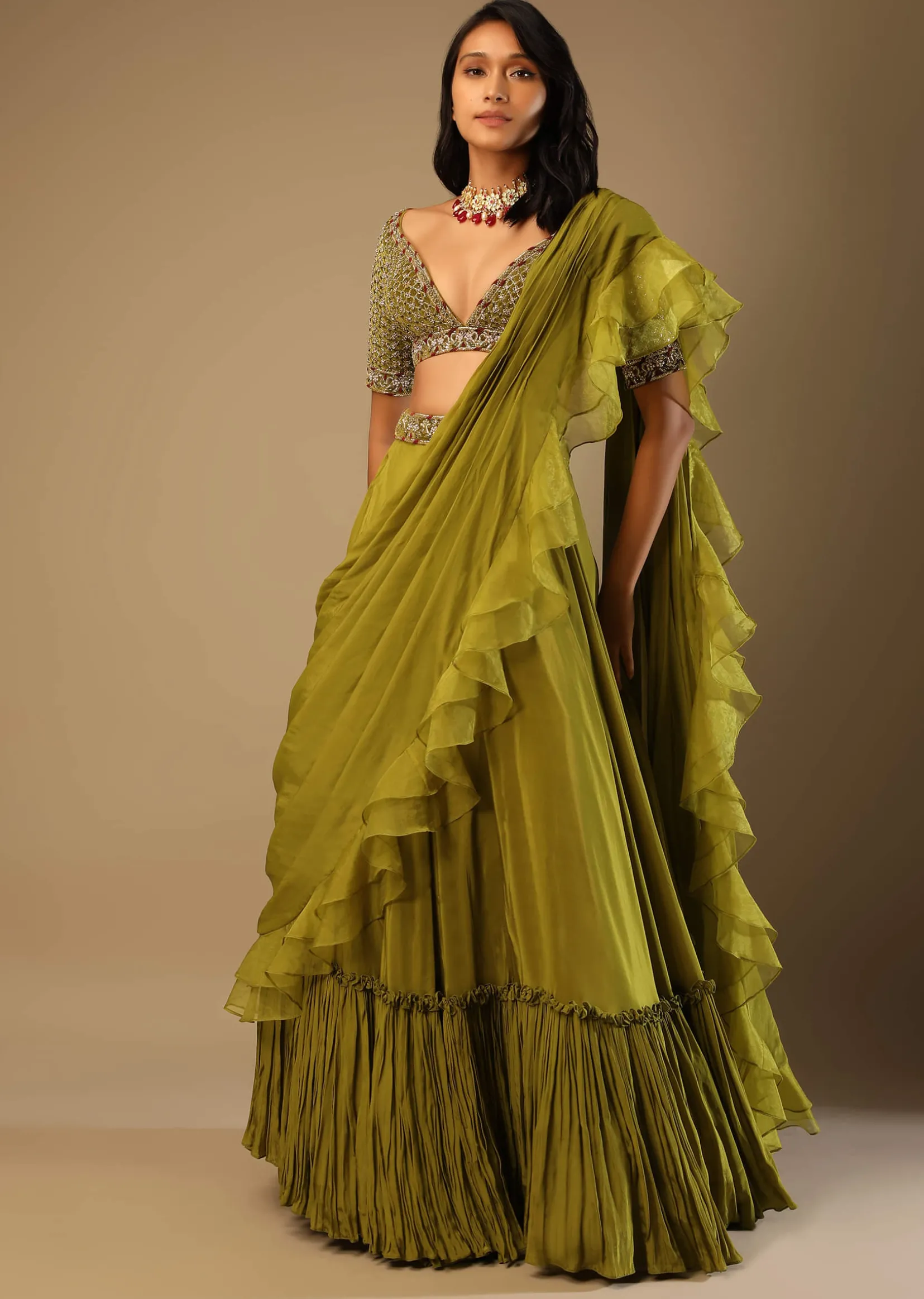Moss Green Lehenga Saree In Crepe With Frill Drape And Hand Embroidered Choli Using Cut Dana Jaal