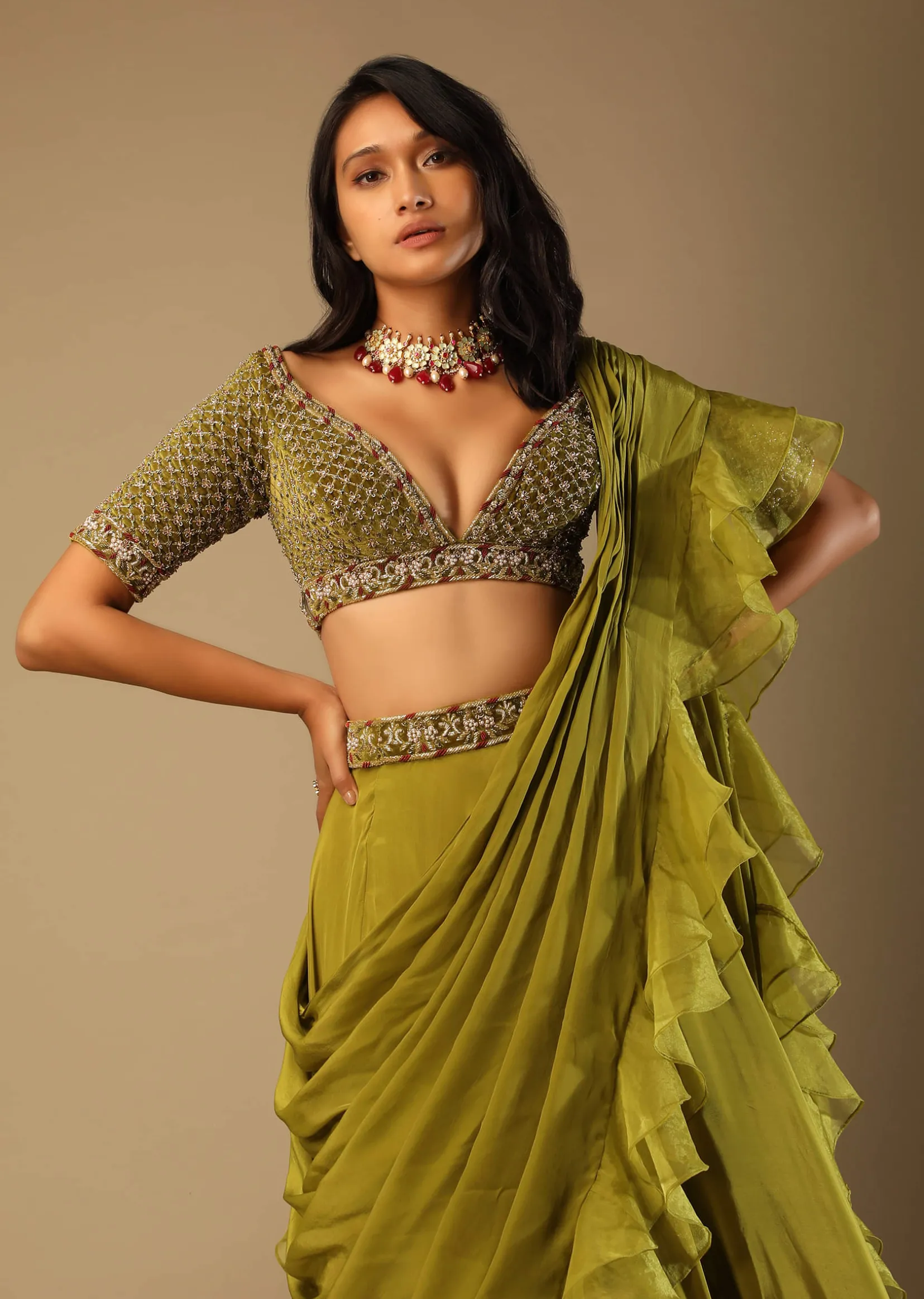 Moss Green Lehenga Saree In Crepe With Frill Drape And Hand Embroidered Choli Using Cut Dana Jaal