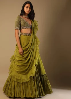 Moss Green Lehenga Saree In Crepe With Frill Drape And Hand Embroidered Choli Using Cut Dana Jaal