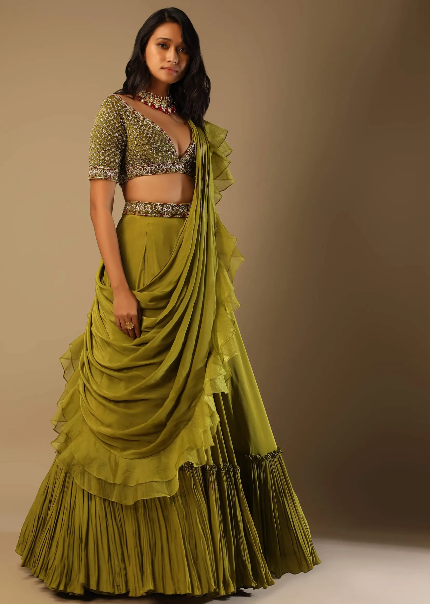 Moss Green Lehenga Saree In Crepe With Frill Drape And Hand Embroidered Choli Using Cut Dana Jaal