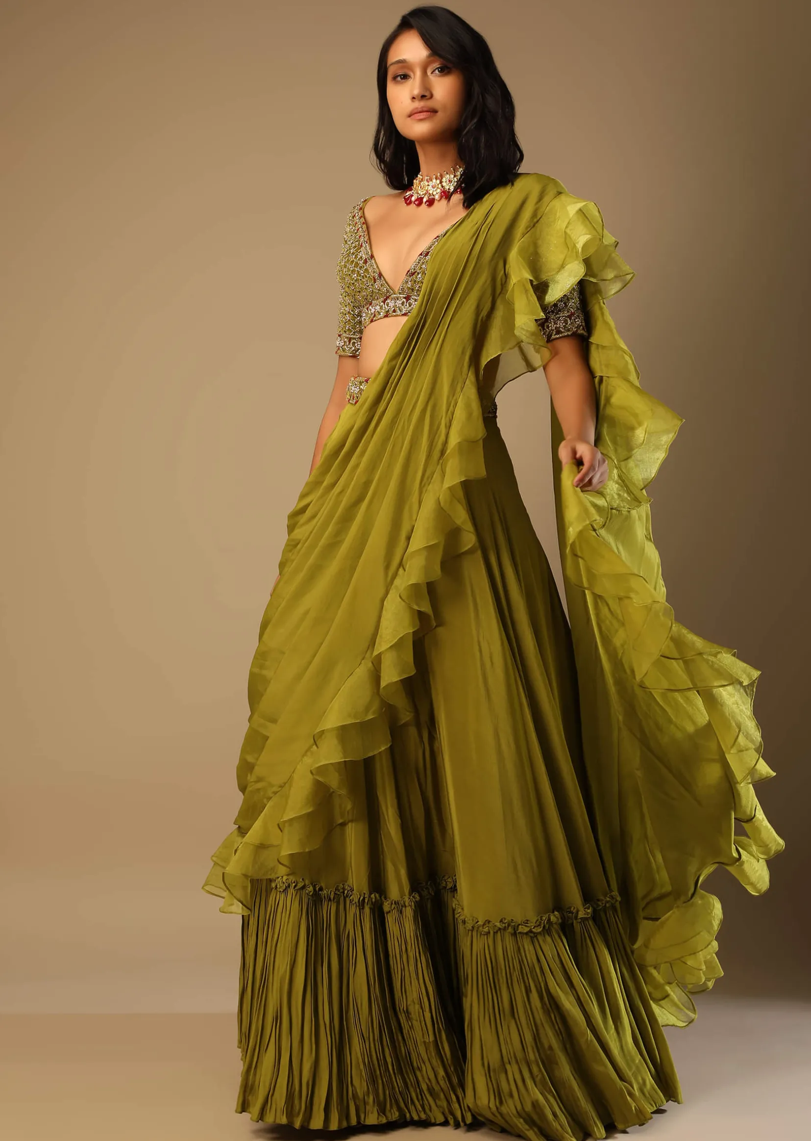 Moss Green Lehenga Saree In Crepe With Frill Drape And Hand Embroidered Choli Using Cut Dana Jaal