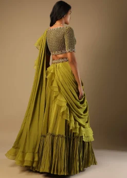 Moss Green Lehenga Saree In Crepe With Frill Drape And Hand Embroidered Choli Using Cut Dana Jaal