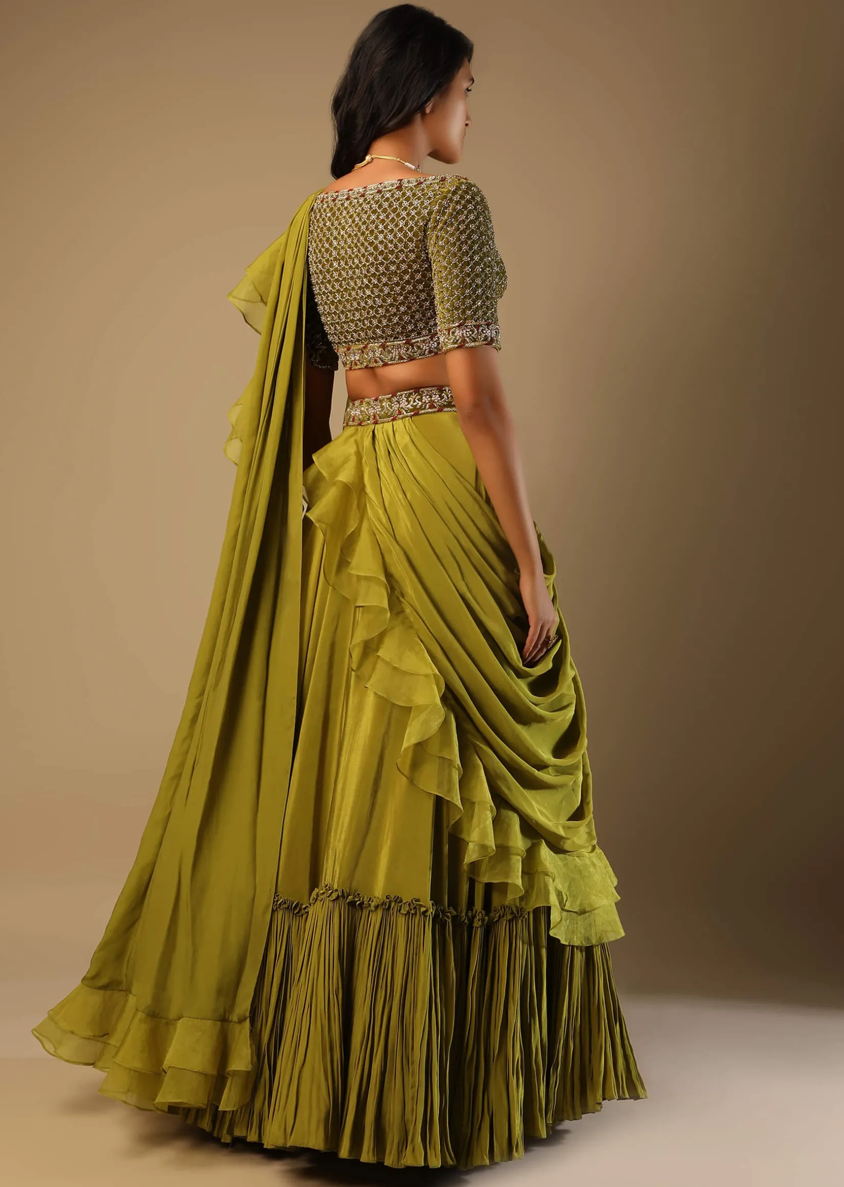 Moss Green Lehenga Saree In Crepe With Frill Drape And Hand Embroidered Choli Using Cut Dana Jaal
