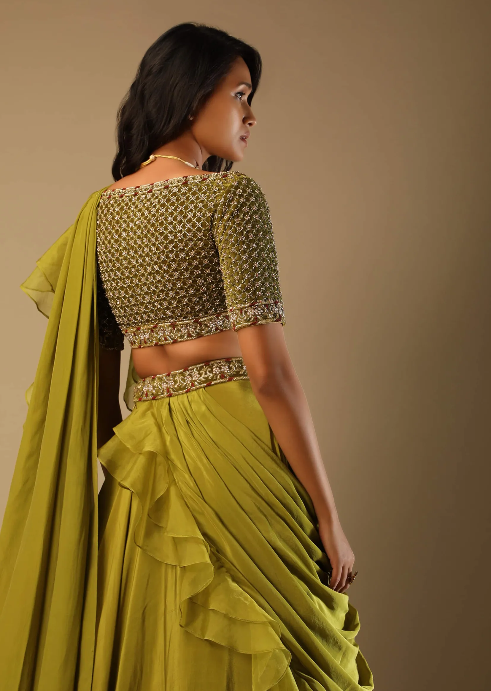 Moss Green Lehenga Saree In Crepe With Frill Drape And Hand Embroidered Choli Using Cut Dana Jaal