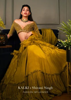 Moss Green Lehenga Saree In Crepe With Frill Drape And Hand Embroidered Choli Using Cut Dana Jaal