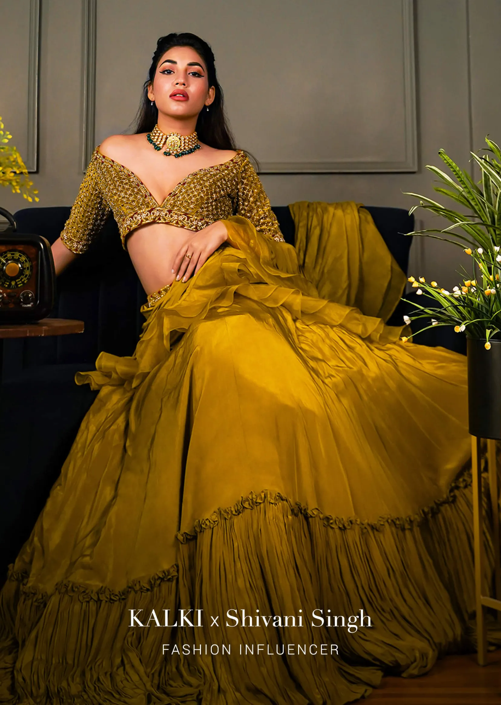 Moss Green Lehenga Saree In Crepe With Frill Drape And Hand Embroidered Choli Using Cut Dana Jaal