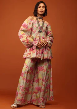 Moss Green Print Top And Palazzo In Crepe With Off-shoulder Neckline & Smocking Bodice