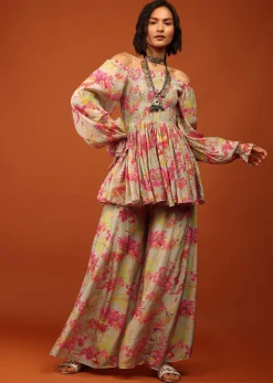Moss Green Print Top And Palazzo In Crepe With Off-shoulder Neckline & Smocking Bodice