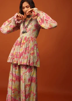 Moss Green Print Top And Palazzo In Crepe With Off-shoulder Neckline & Smocking Bodice