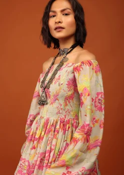 Moss Green Print Top And Palazzo In Crepe With Off-shoulder Neckline & Smocking Bodice